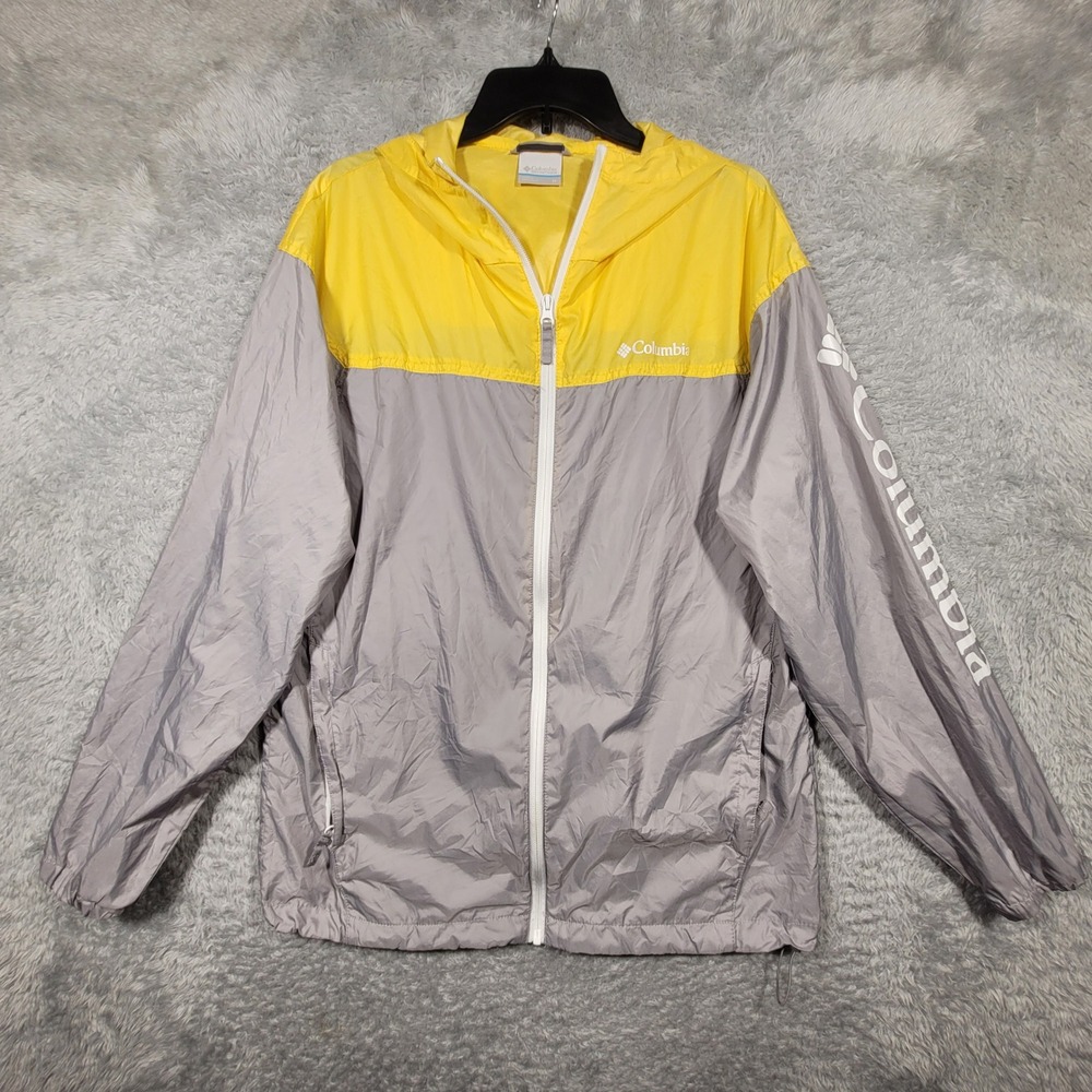 Columbia Women's Windbreaker Jacket Gray Yellow Hooded Lightweight Size M *